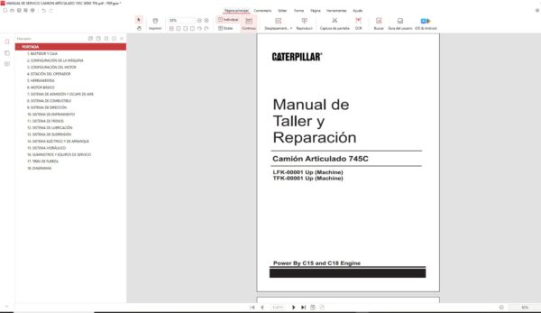 Manual de Taller Reparación Camión Articulado 745C Caterpillar Serie LFK-TFK